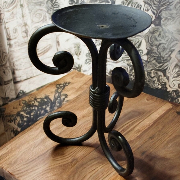 Vtg Candle Holder Tall Black Heavy Wrought Iron Swirl - Picture 1 of 3